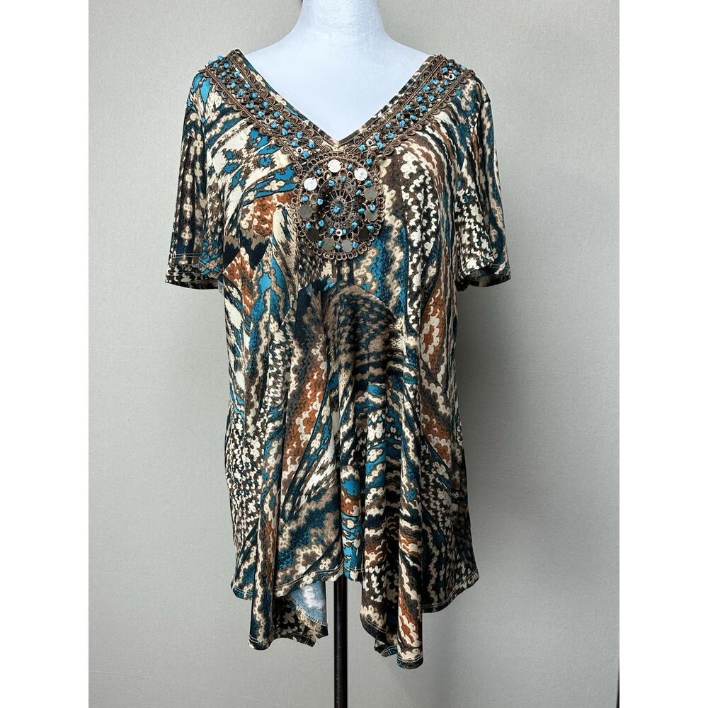 Dressbarn Women’s Blouse Beaded Neckline 18/20 Handkerchief Hemline Turquoise